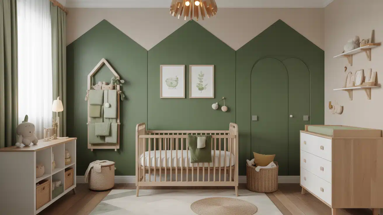 A bold forest green accent wall behind a natural wood crib in a modern nursery.