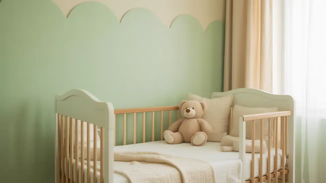 A bright and airy nursery painted in a light, cheerful pistachio green shade.