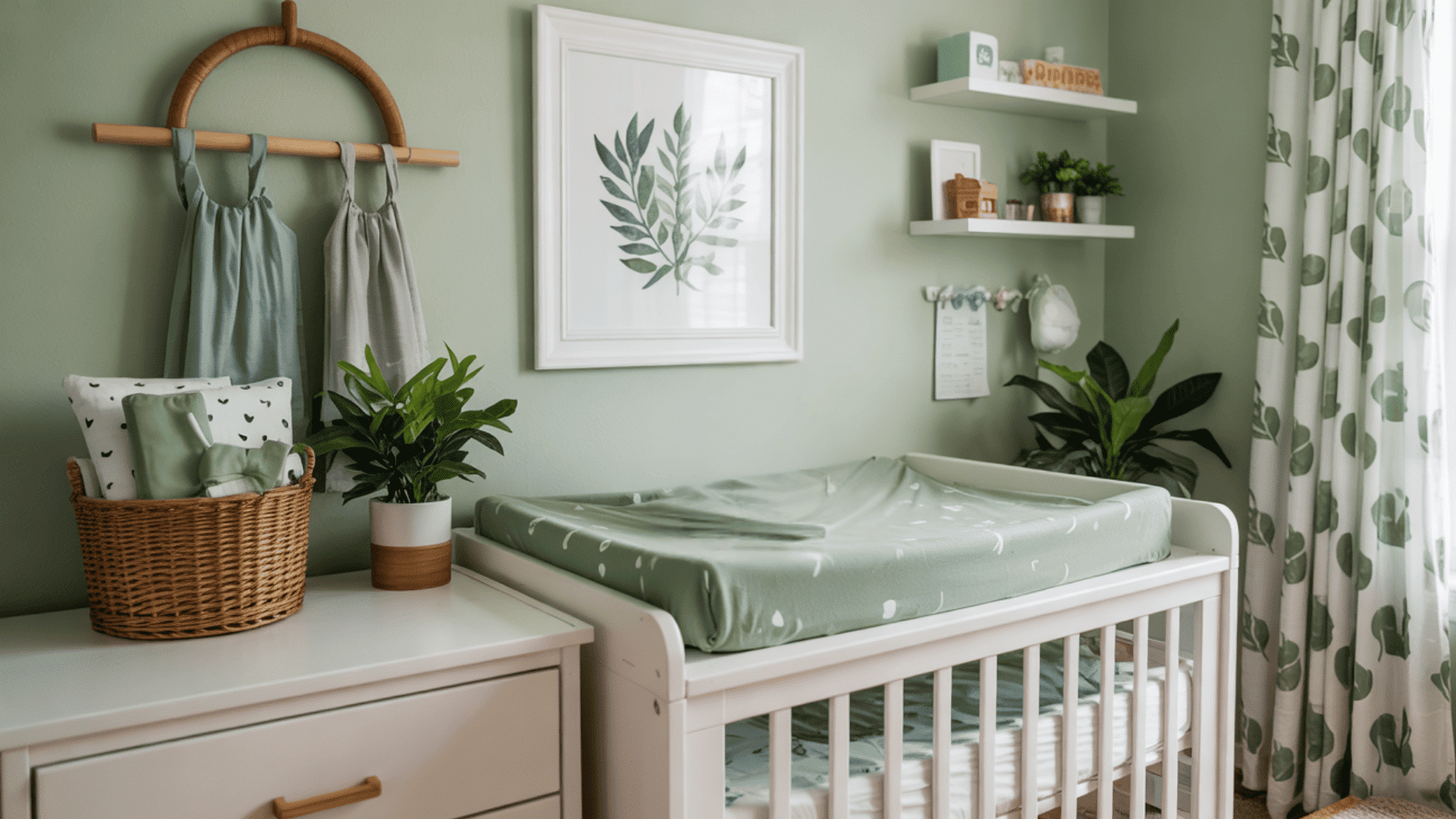 A changing table featuring a soft green patterned changing pad cover.