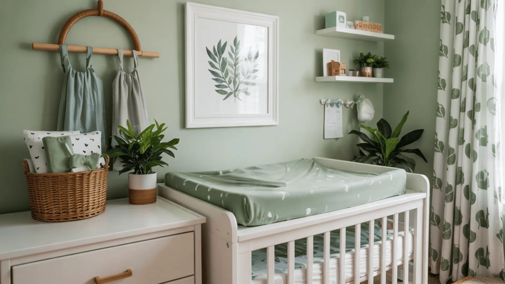 A changing table featuring a soft green patterned changing pad cover.