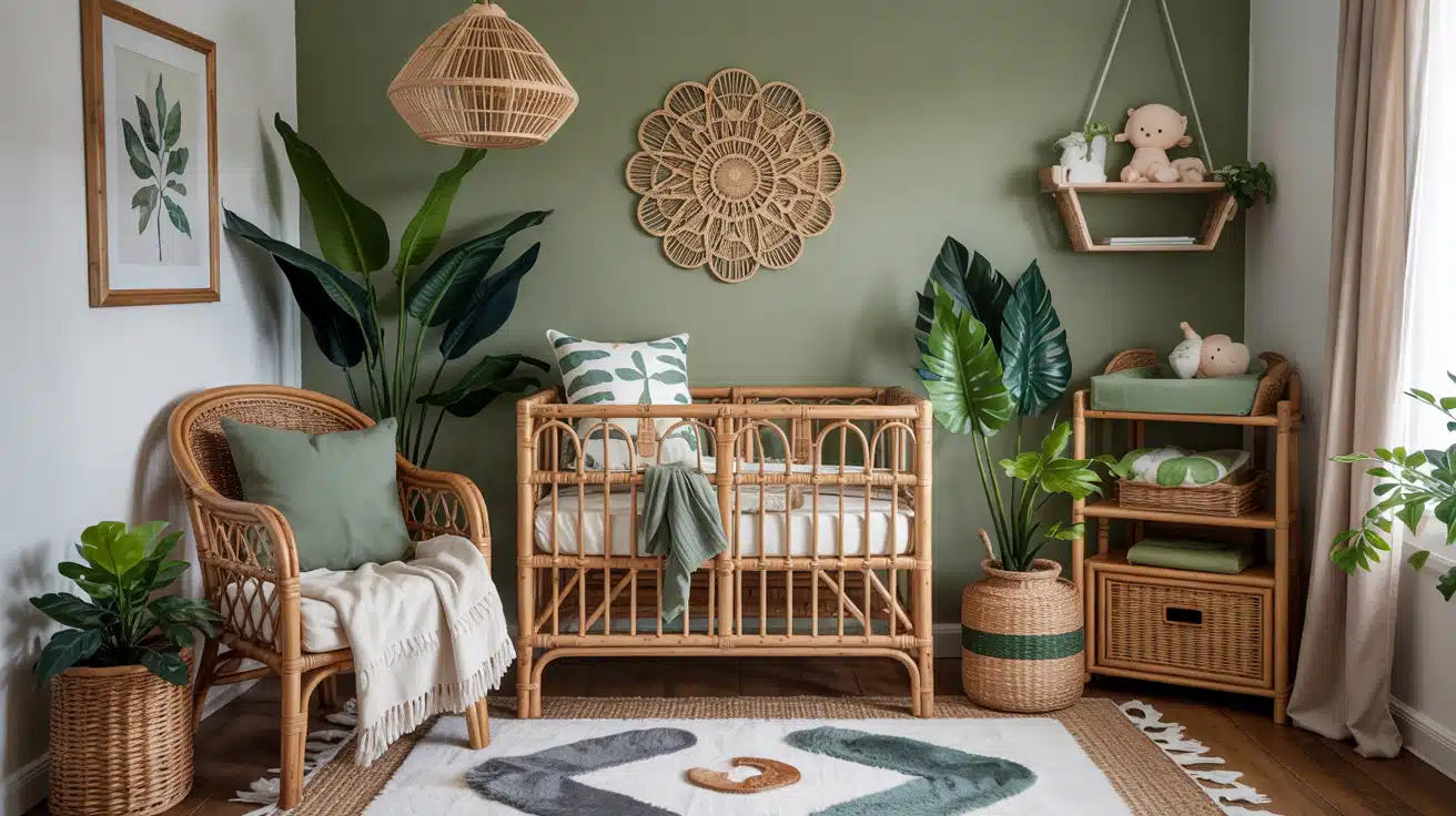 A collection of green pillows and linens layered in a cozy nursery nook.