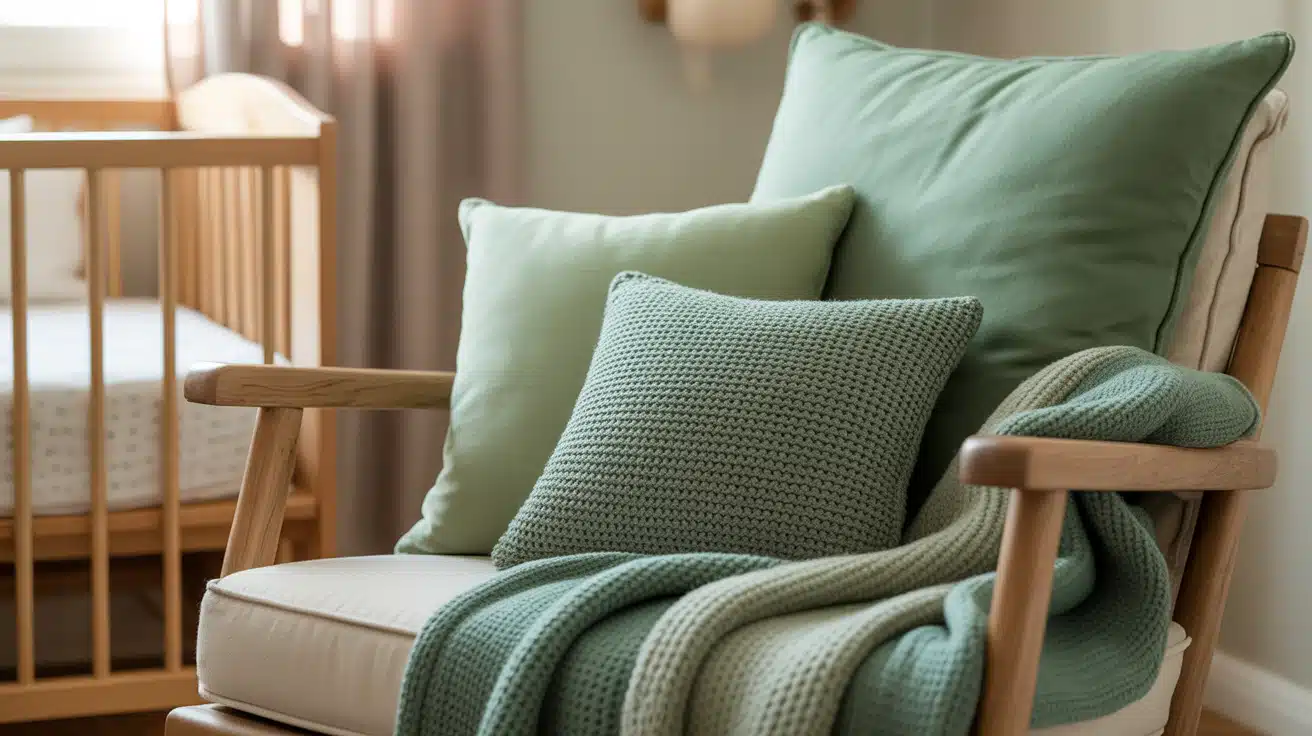A cozy green knit blanket draped over a neutral rocking chair in a nursery.