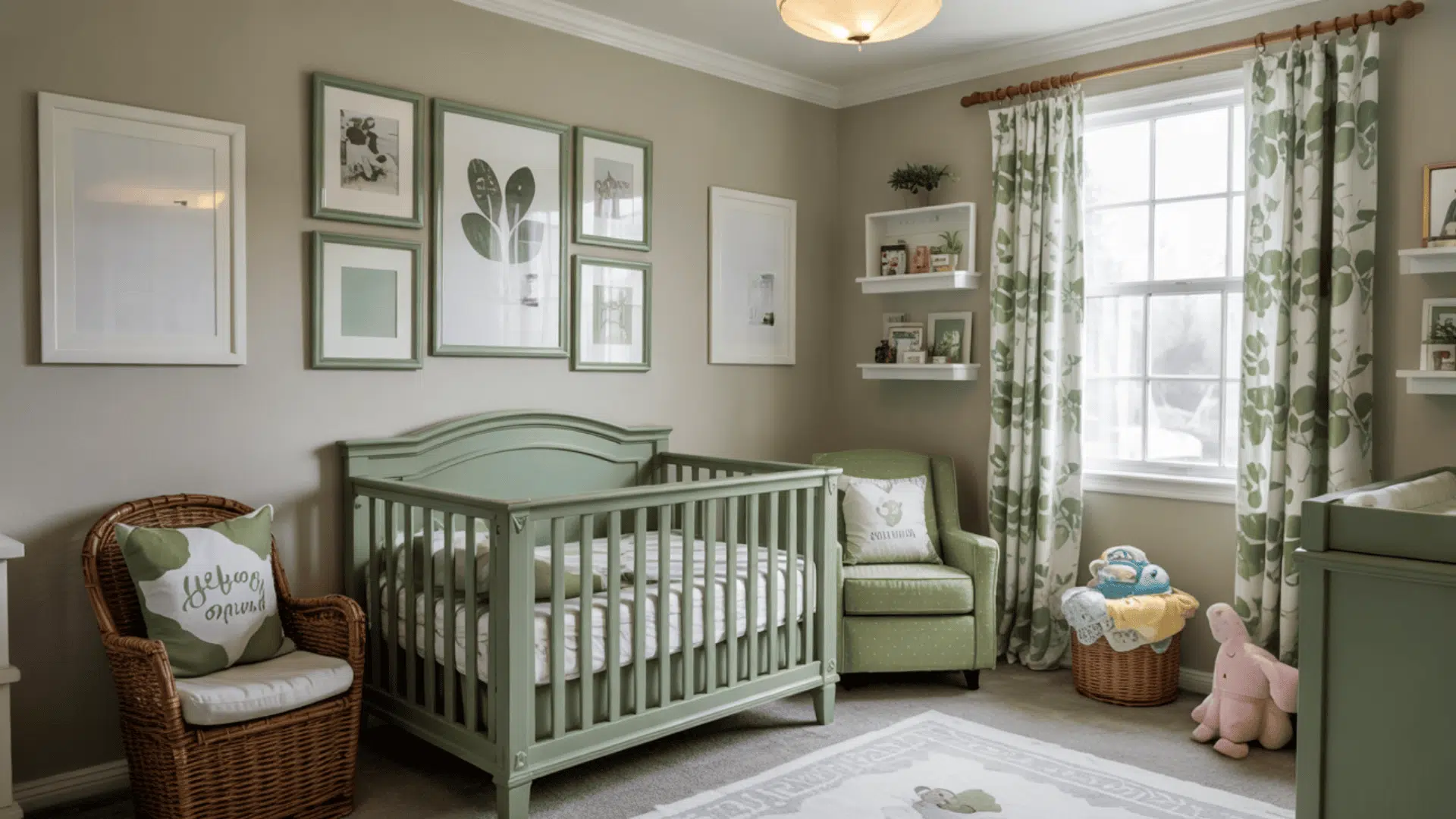 A gallery wall featuring various art pieces in matching green wooden frames.