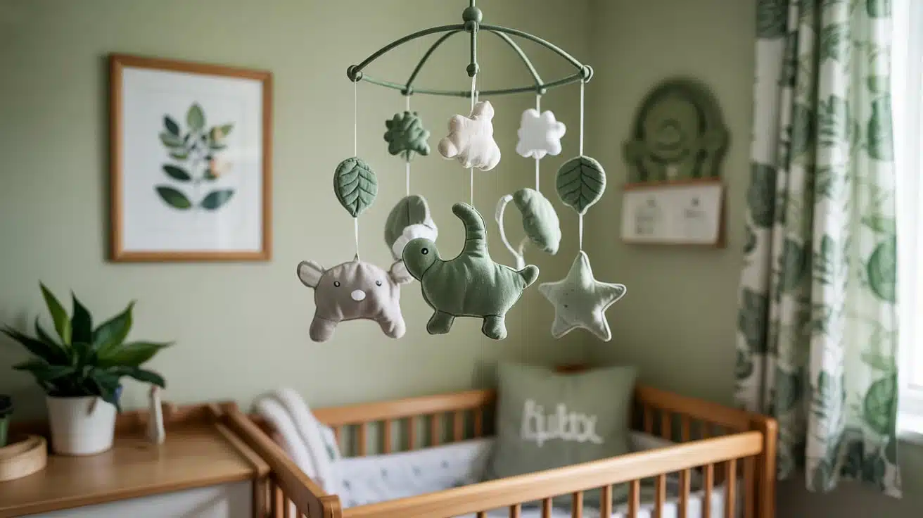 A handmade baby mobile with hanging green felt leaves and wooden beads.
