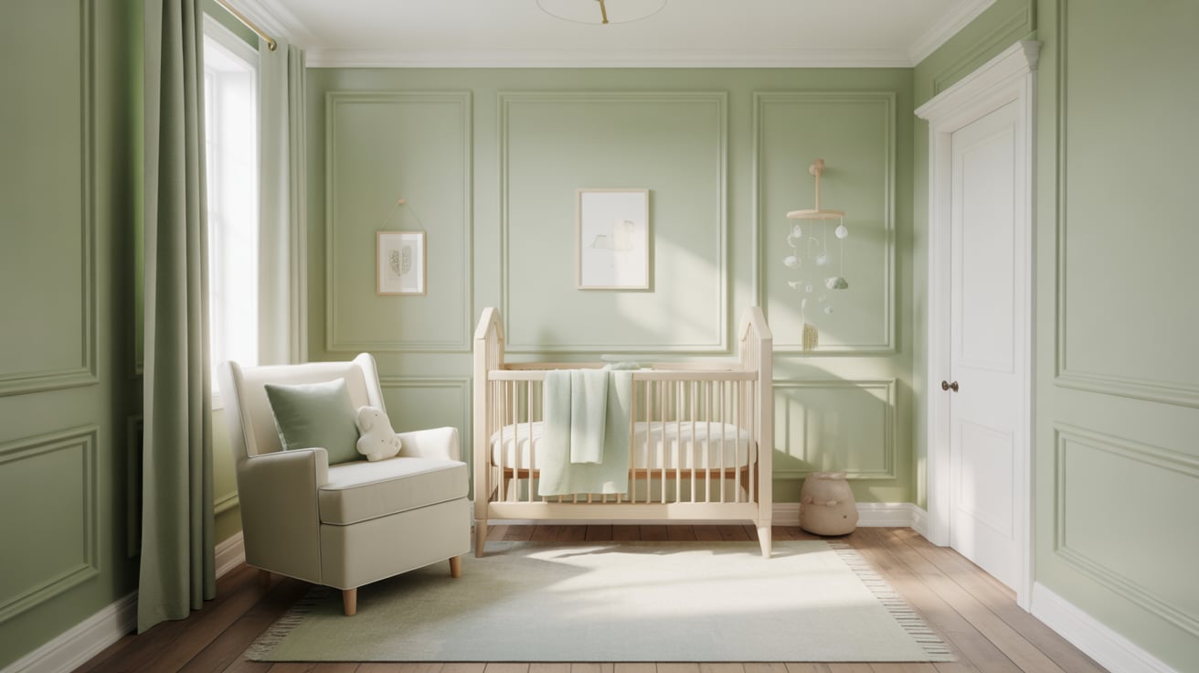 A nursery featuring soft sage green walls with classic wall molding and white furniture.