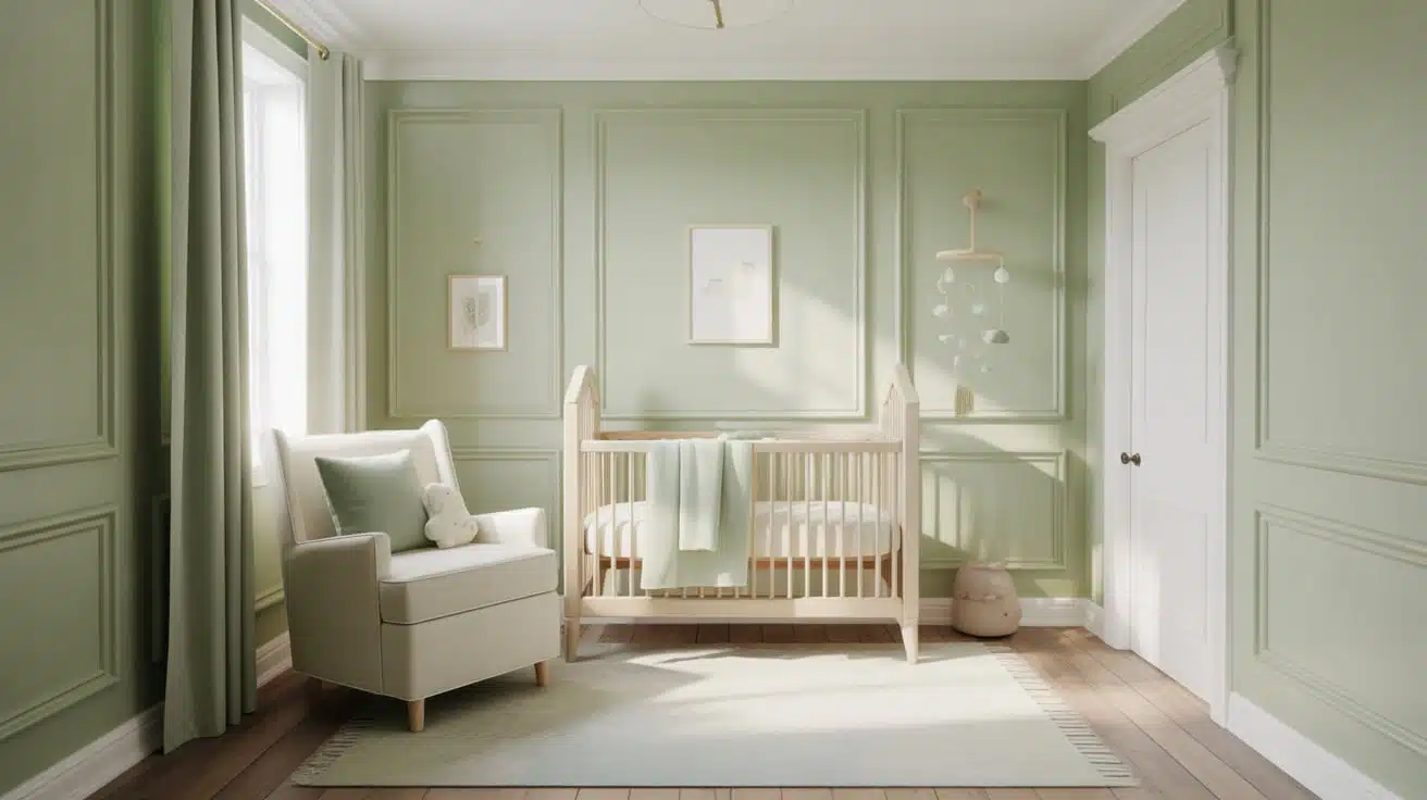 A nursery featuring soft sage green walls with classic wall molding and white furniture.