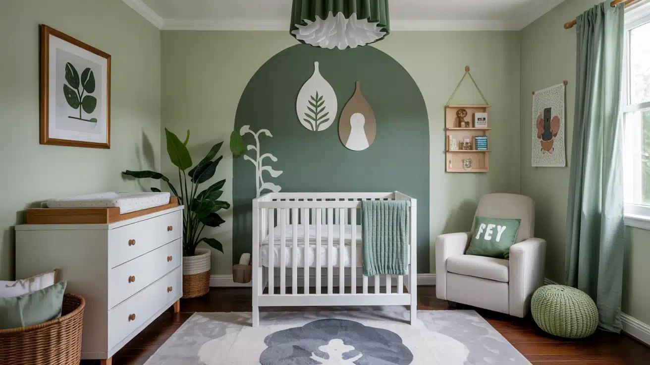 A nursery wall showcasing a creative combination of sage and deep forest green.