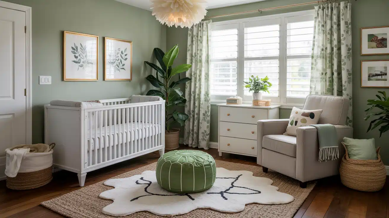 A round green velvet storage ottoman placed next to a nursery glider chair.
