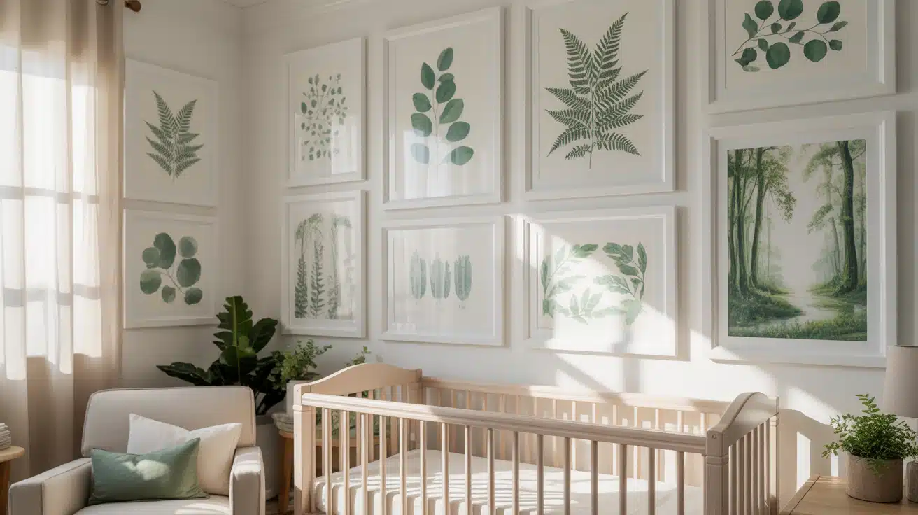 A set of framed botanical leaf prints hanging on a neutral nursery wall.