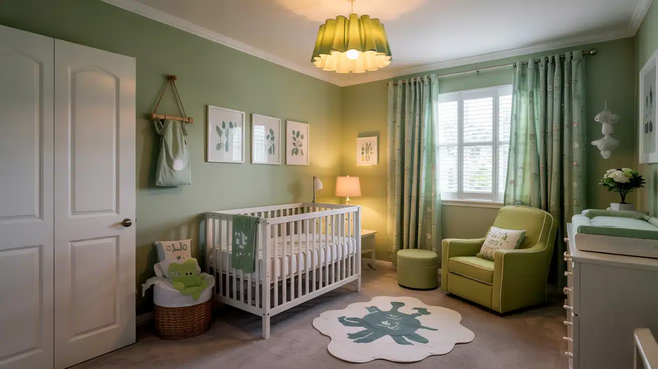 A small, soft green night-light casting a gentle glow in a dark nursery.