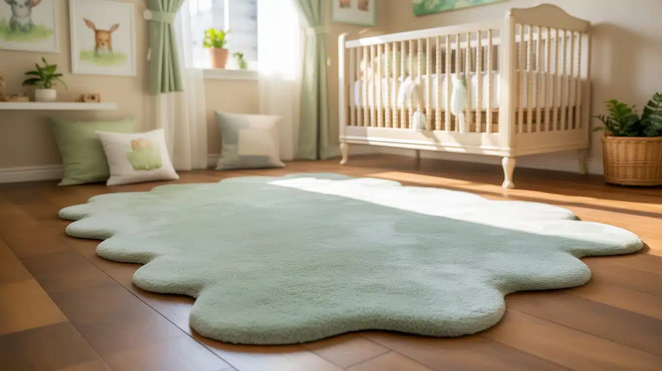 A soft mint green textured area rug centered in a bright, sunlit baby room.
