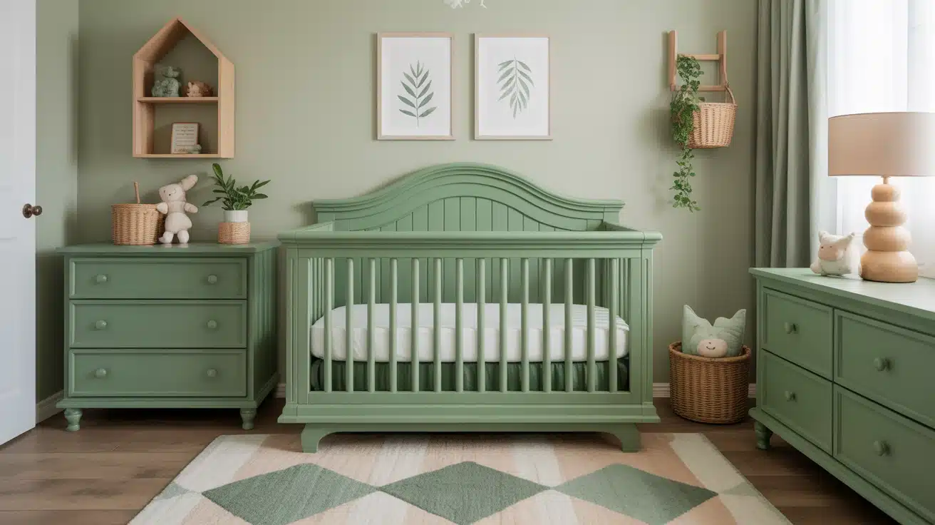 A stylish olive green wooden crib positioned against a neutral, light-colored wall.