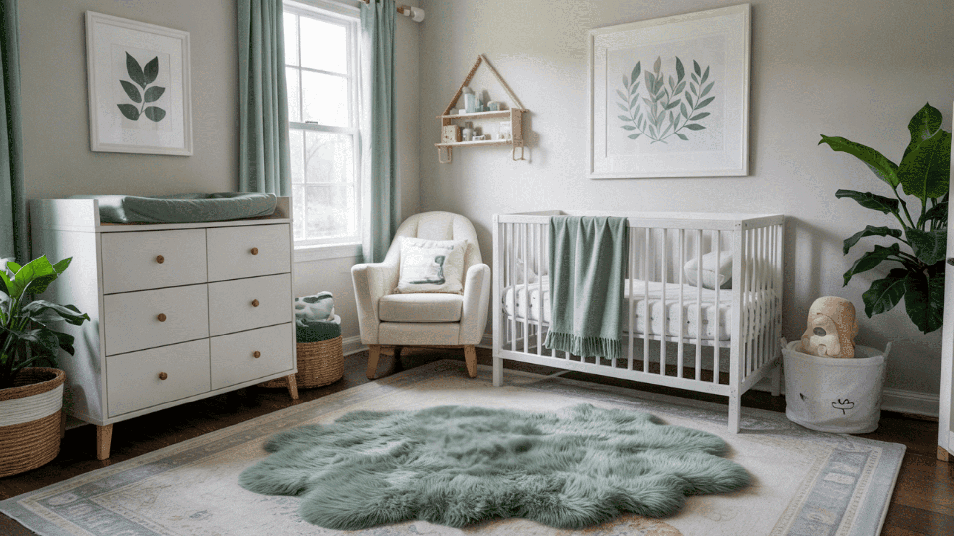 A thick, fluffy green rug providing a soft play area on a wooden floor.