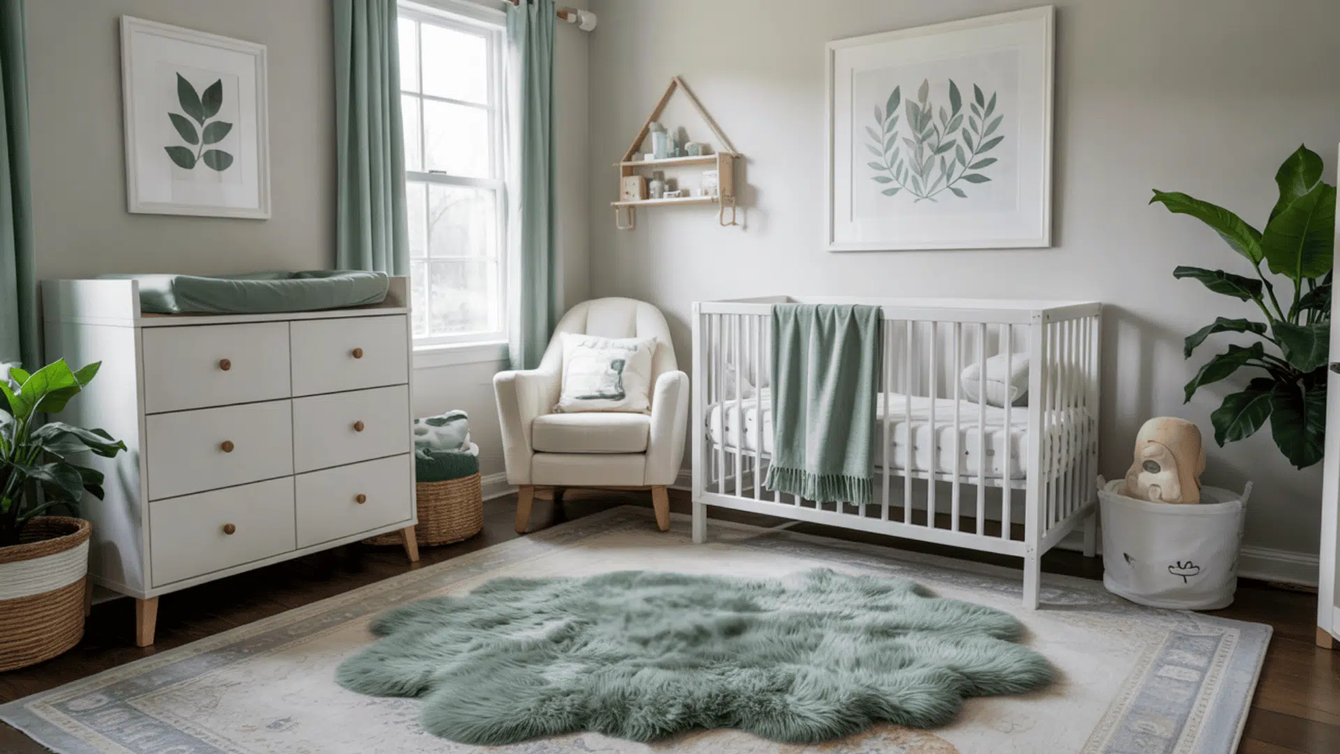 A thick, fluffy green rug providing a soft play area on a wooden floor.