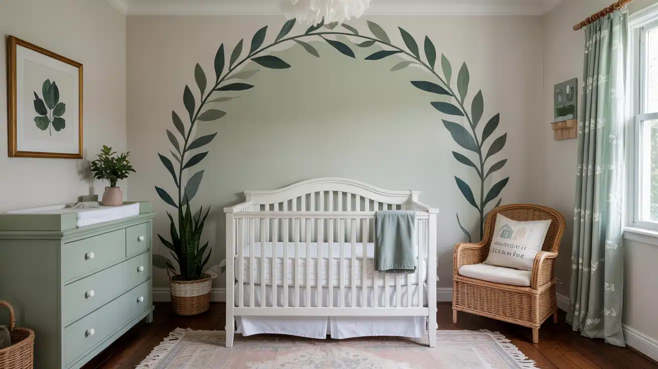 A trendy sage green painted arch on the wall framing a baby crib.