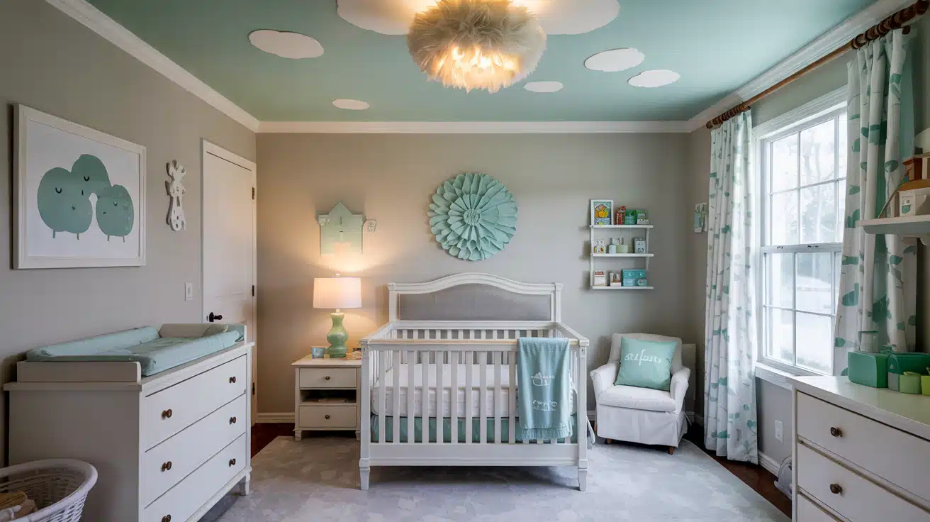 A unique nursery design featuring a soft mint green painted ceiling and white walls.