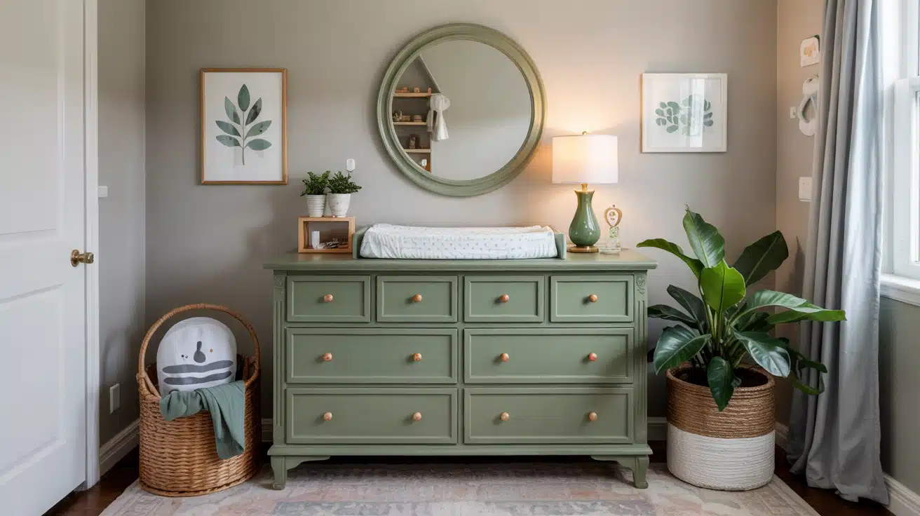 A vintage-style dresser repainted in a muted forest green with gold hardware.