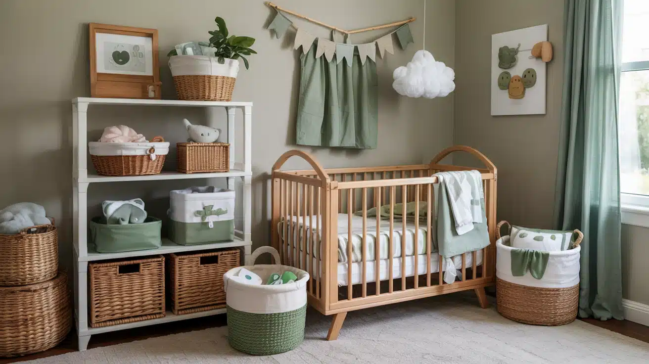 A vintage-style dresser repainted in a muted forest green with gold hardware.
