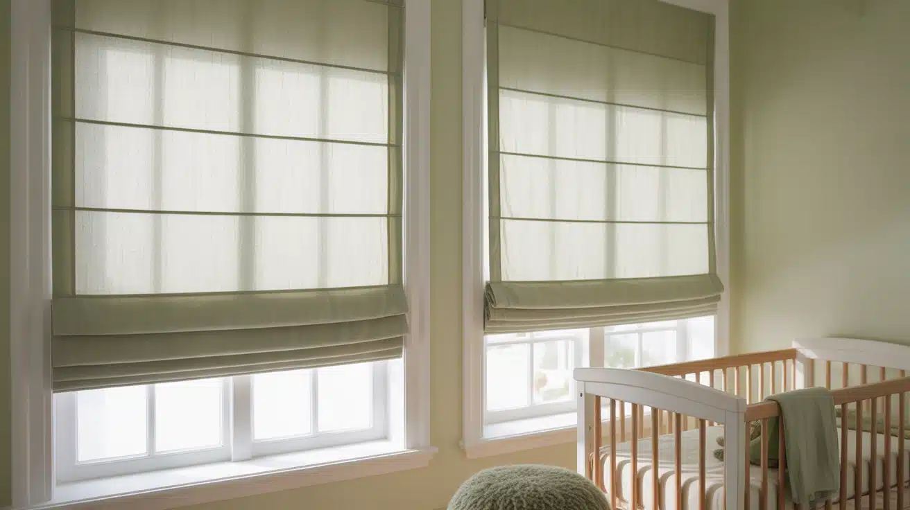 A whimsical sage green fabric canopy hanging over a white crib.