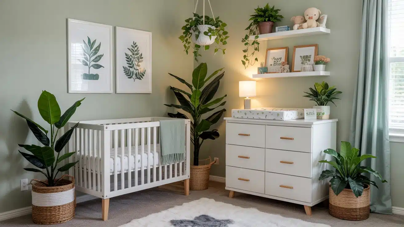 Artificial potted greenery placed on a white shelf to add color to a nursery.