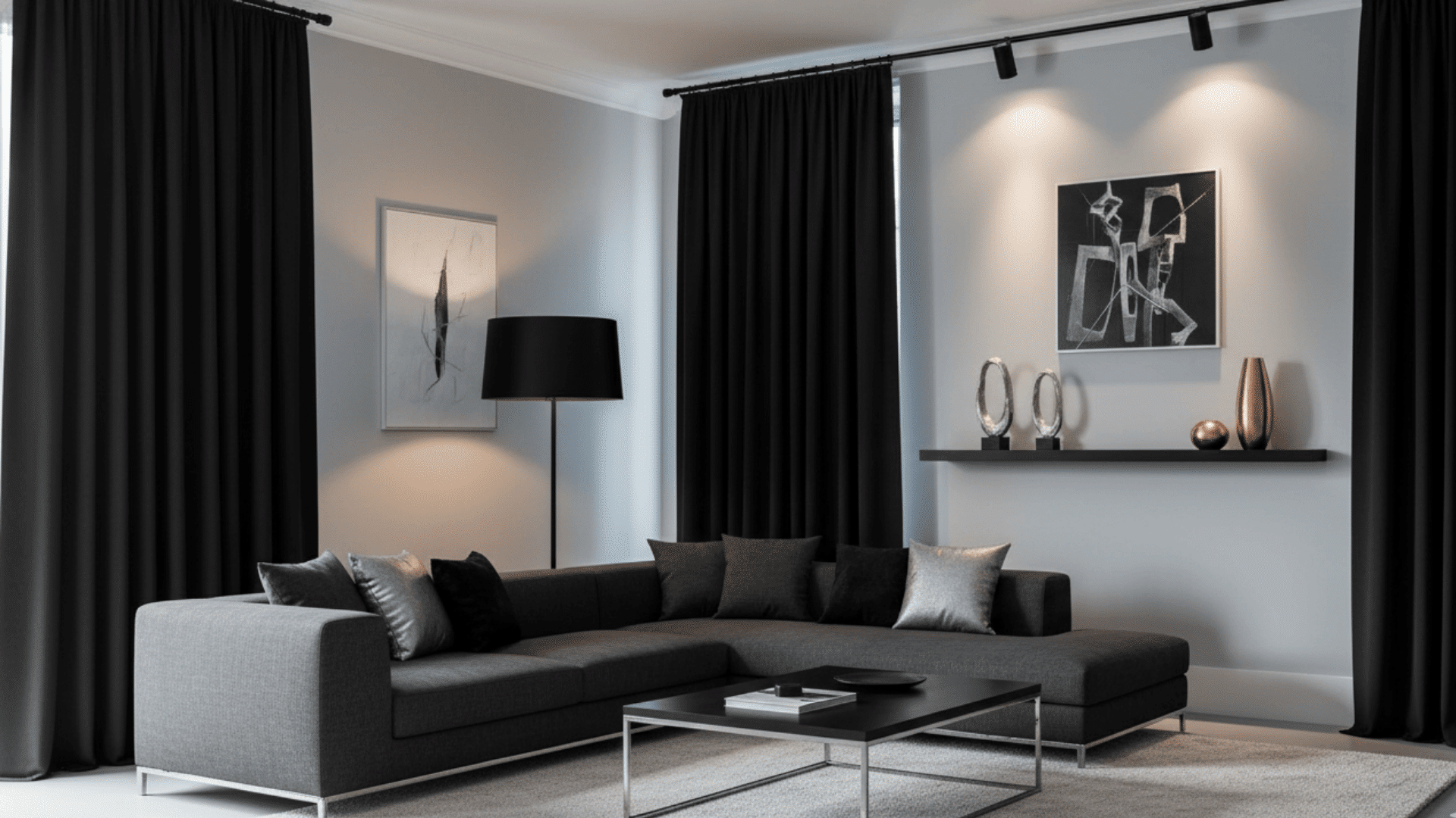 Bold black curtains framing a window in a sleek, modern room with minimalist decor.