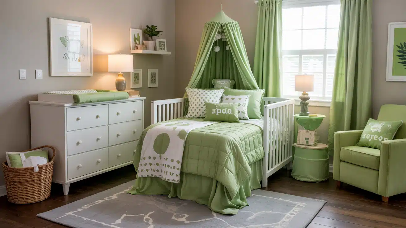 Close-up of baby bedding featuring a delicate green leaf and vine pattern.