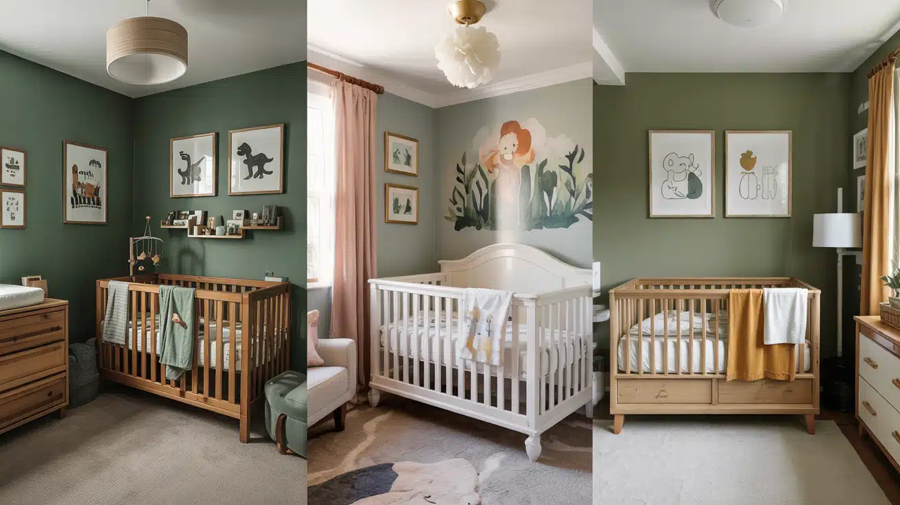 Collage of three nursery designs showing sage, forest, and olive green color schemes.