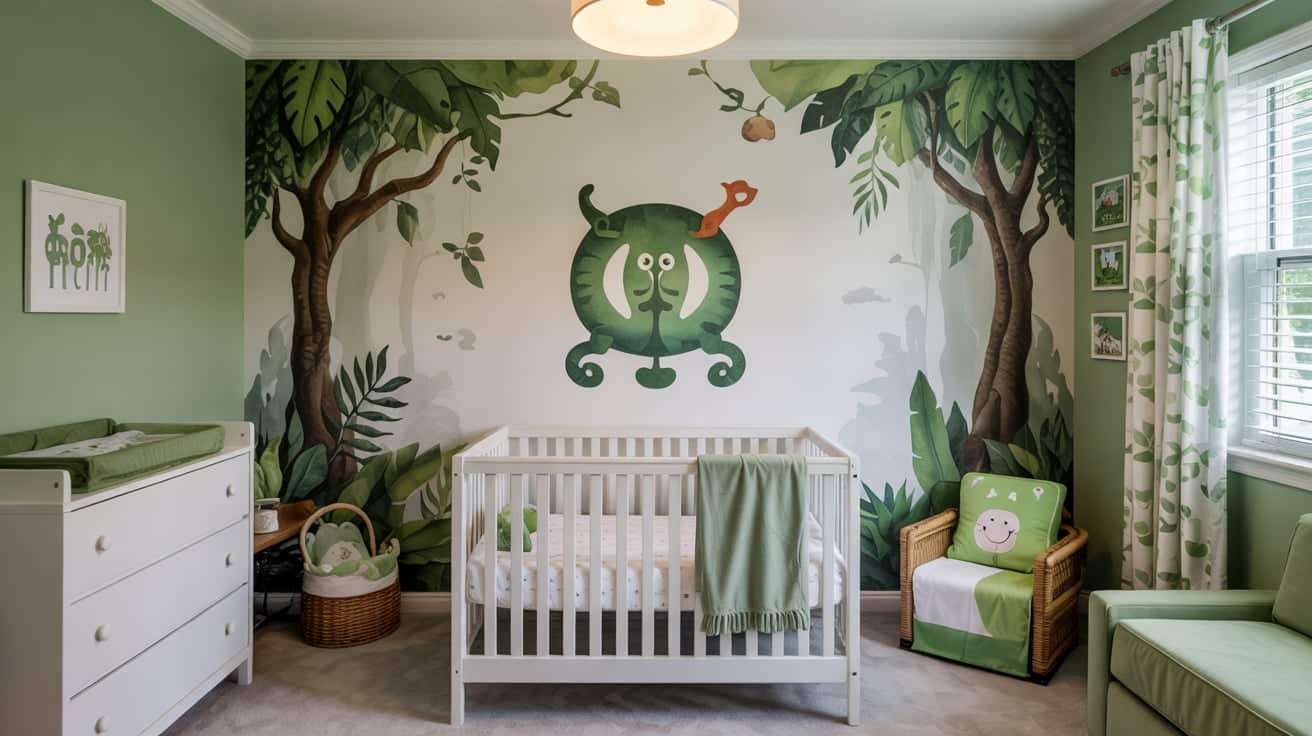 Colorful jungle animal wall decals with lush green tropical leaves in a nursery.