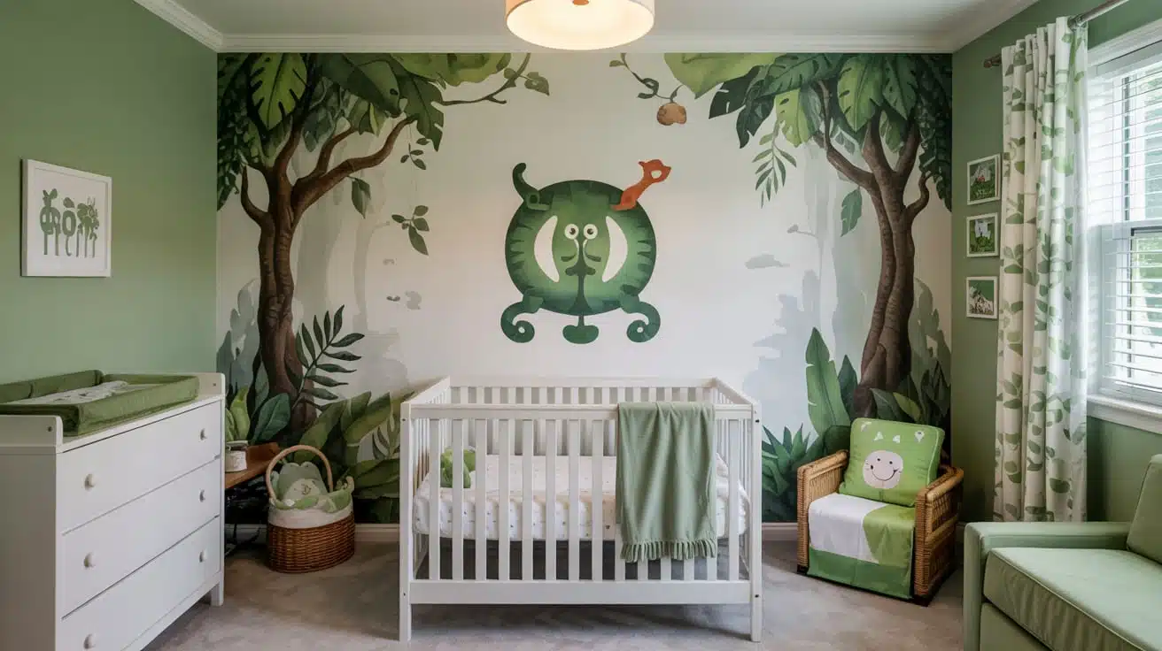 Colorful jungle animal wall decals with lush green tropical leaves in a nursery.