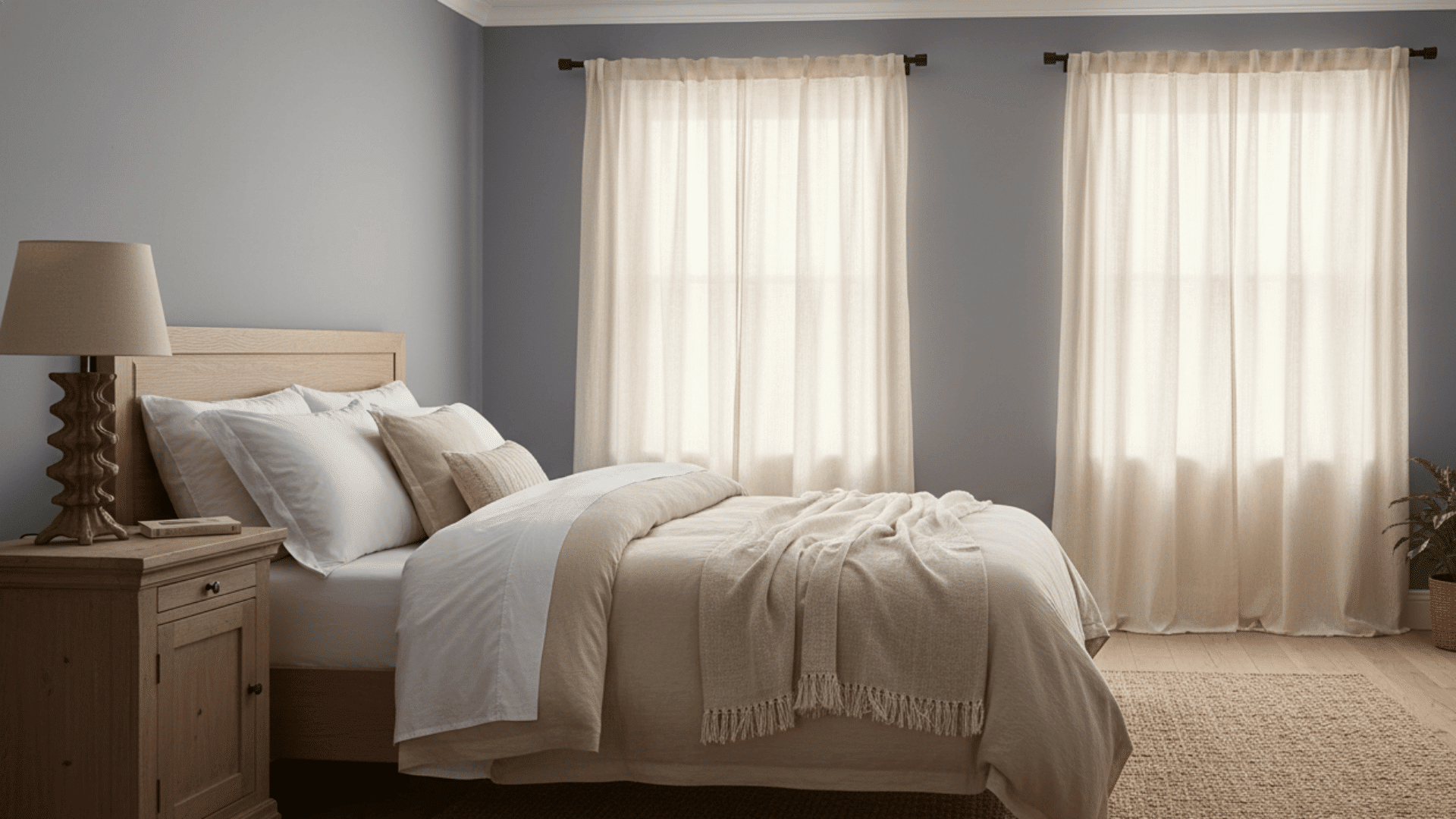 Cream curtains hanging in a bedroom with wooden furniture and warm, soft lighting.