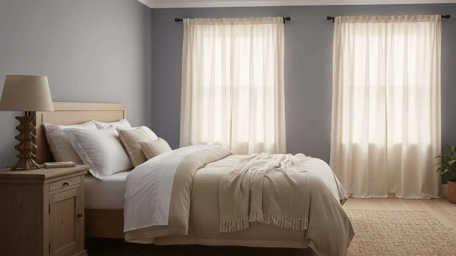 Cream curtains hanging in a bedroom with wooden furniture and warm, soft lighting.