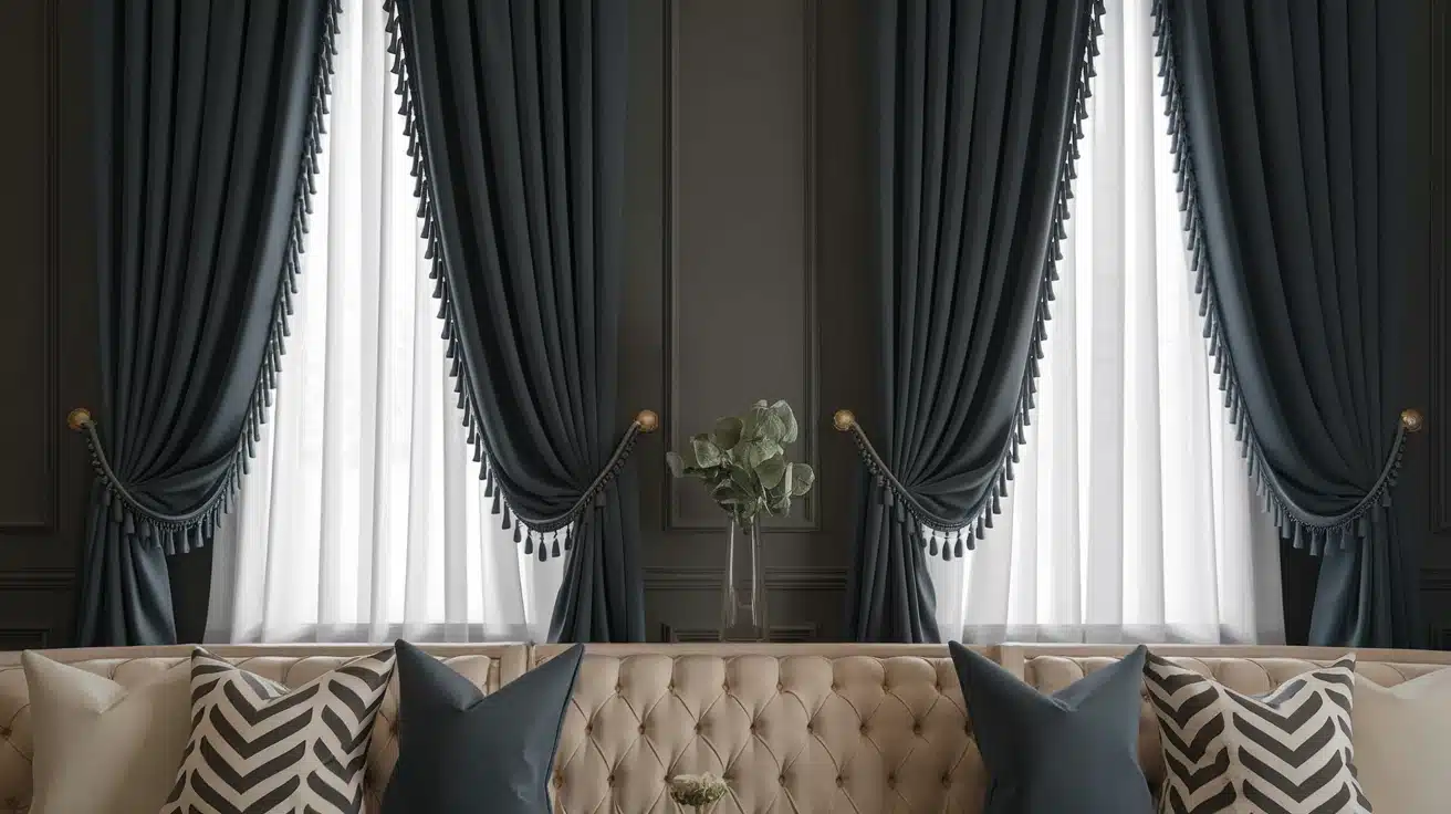 Deep charcoal curtains in a modern room, creating a sophisticated and monochromatic look.