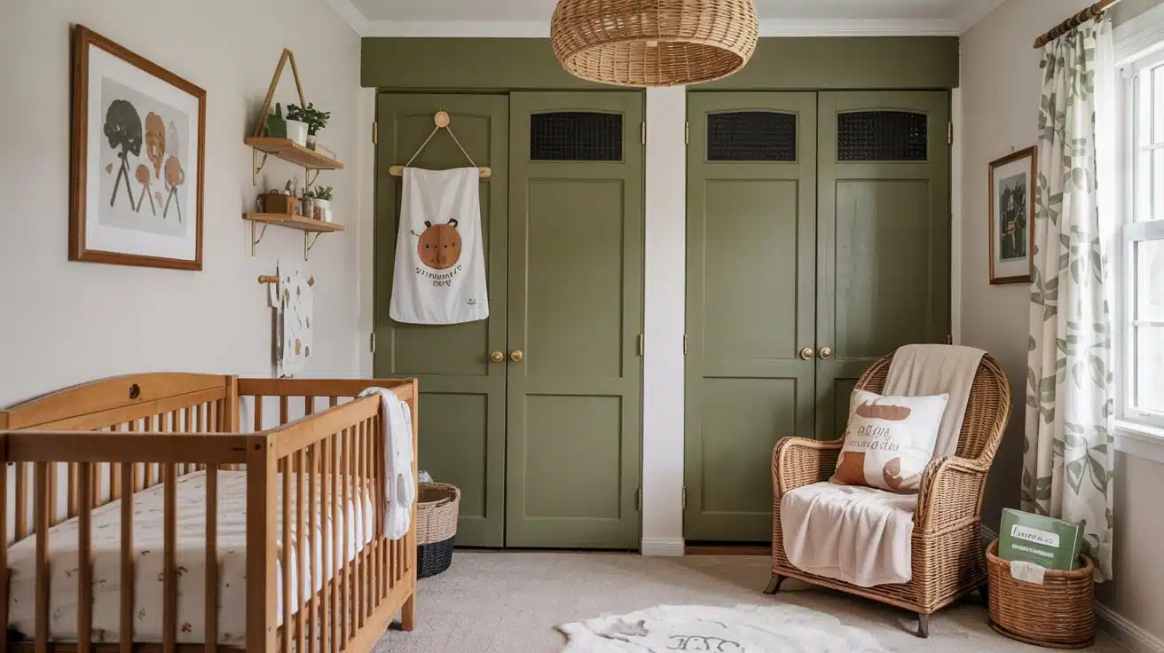 Double nursery closet doors painted in a warm, sophisticated olive green.