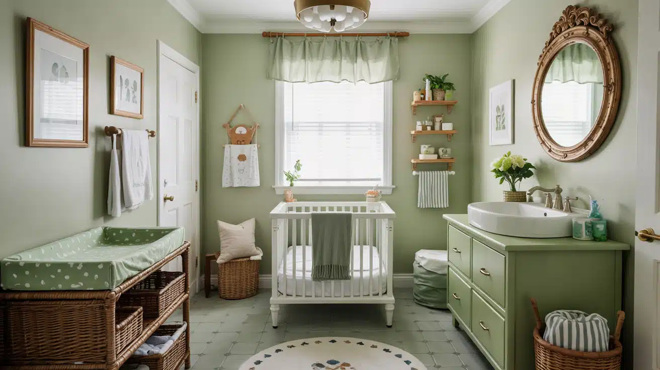 Durable light green patterned vinyl flooring in a clean, modern nursery space.