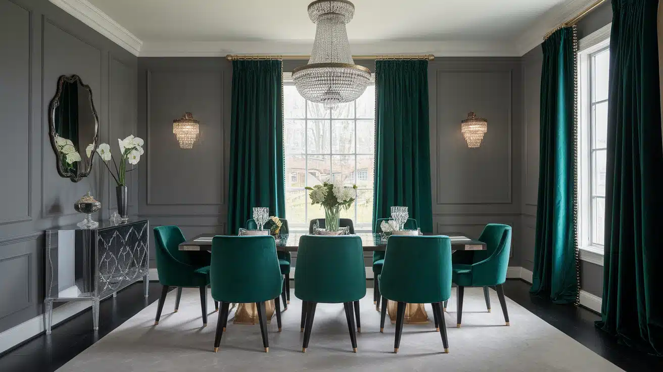 Elegant emerald green velvet curtains in a formal dining room with dark gray walls.