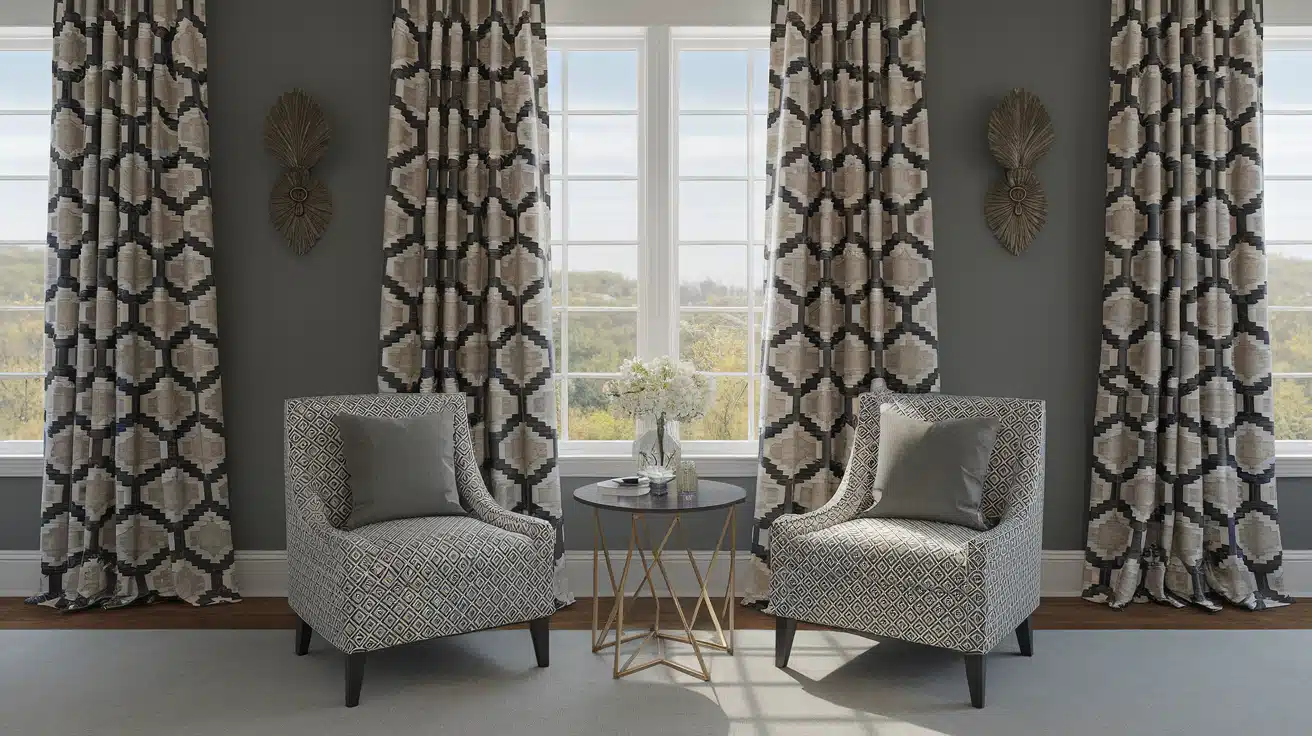 Geometric-patterned curtains in a gray room with matching armchairs and symmetrical decor.