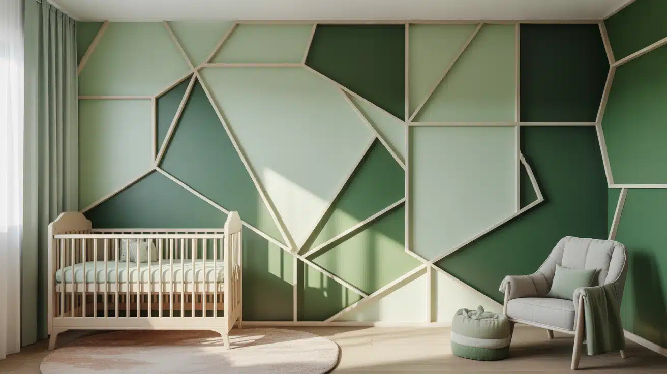 Modern nursery wall with a playful geometric mountain design in various shades of green.