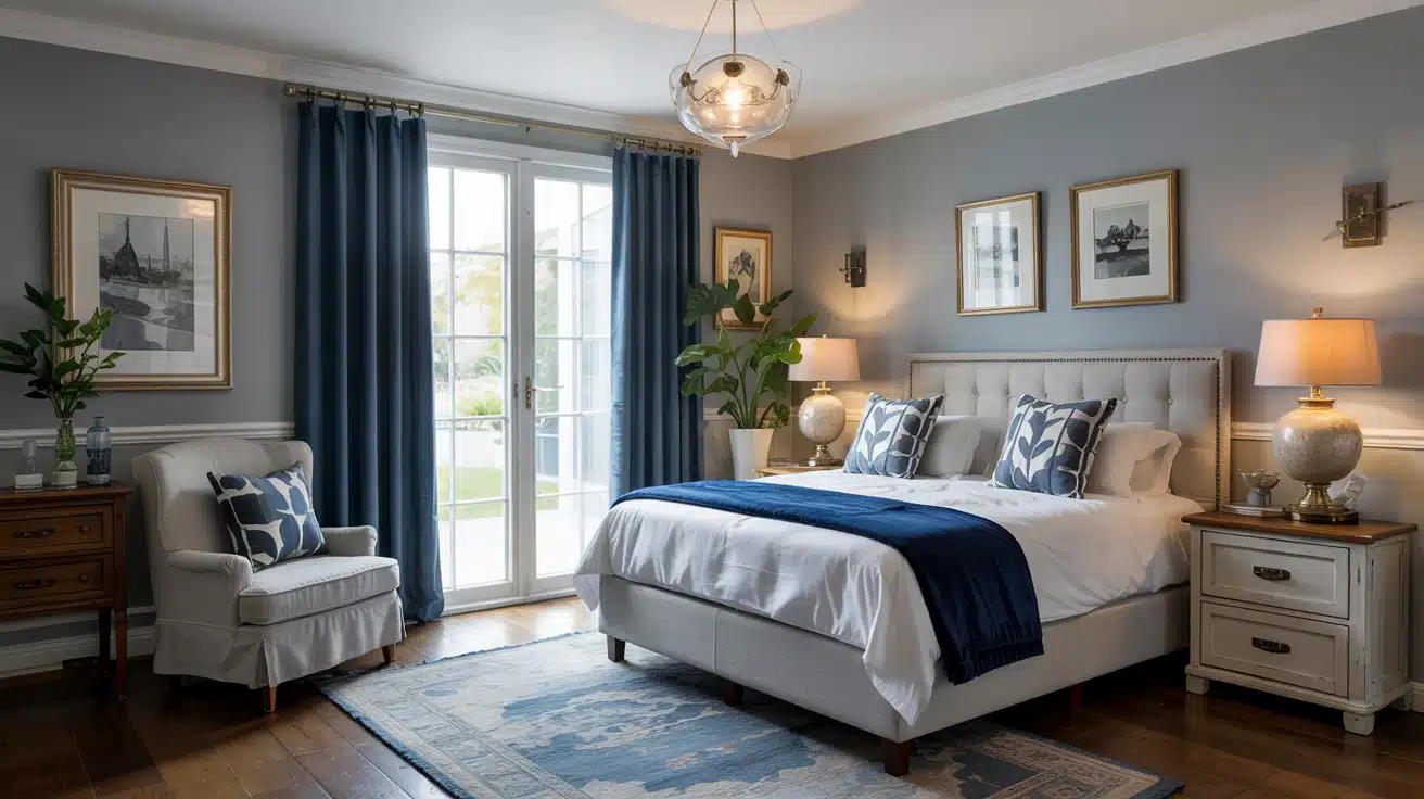 Navy blue curtains in a traditional bedroom, providing a sophisticated and calming atmosphere.