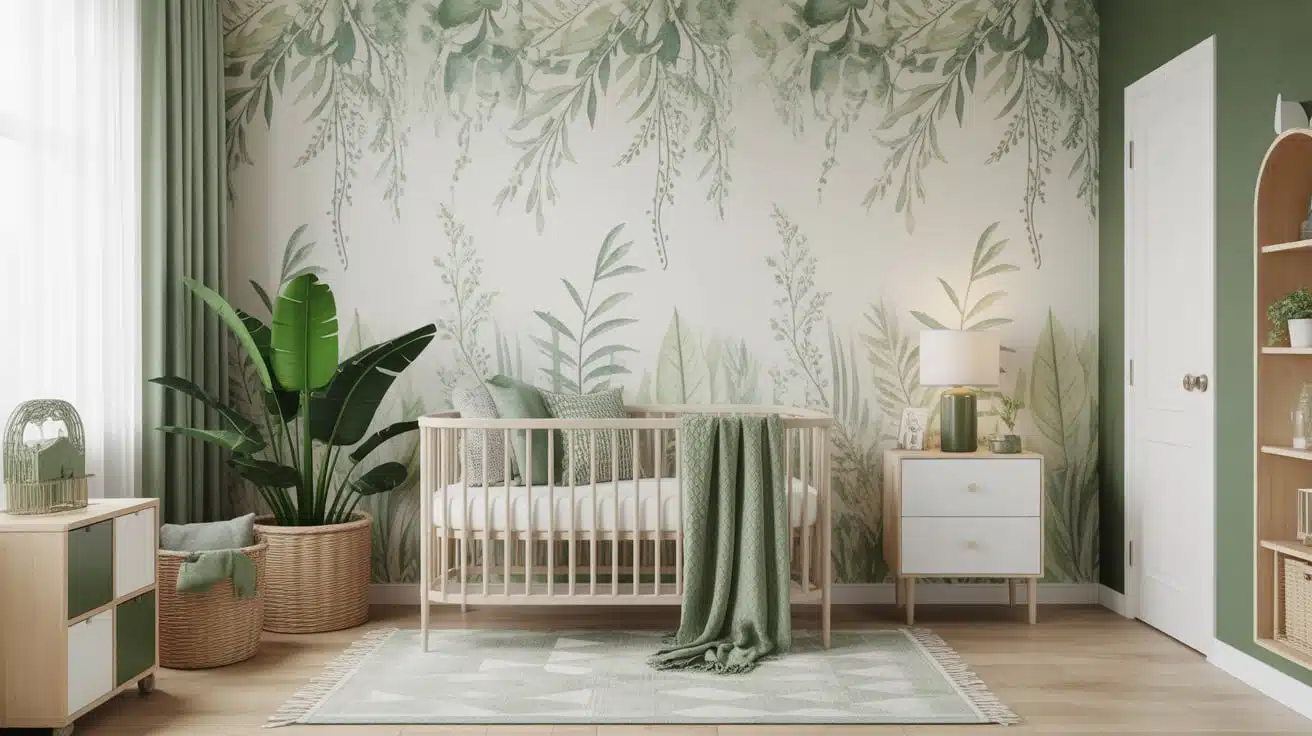 Nursery wall covered in delicate green leafy botanical wallpaper with a minimalist white crib.