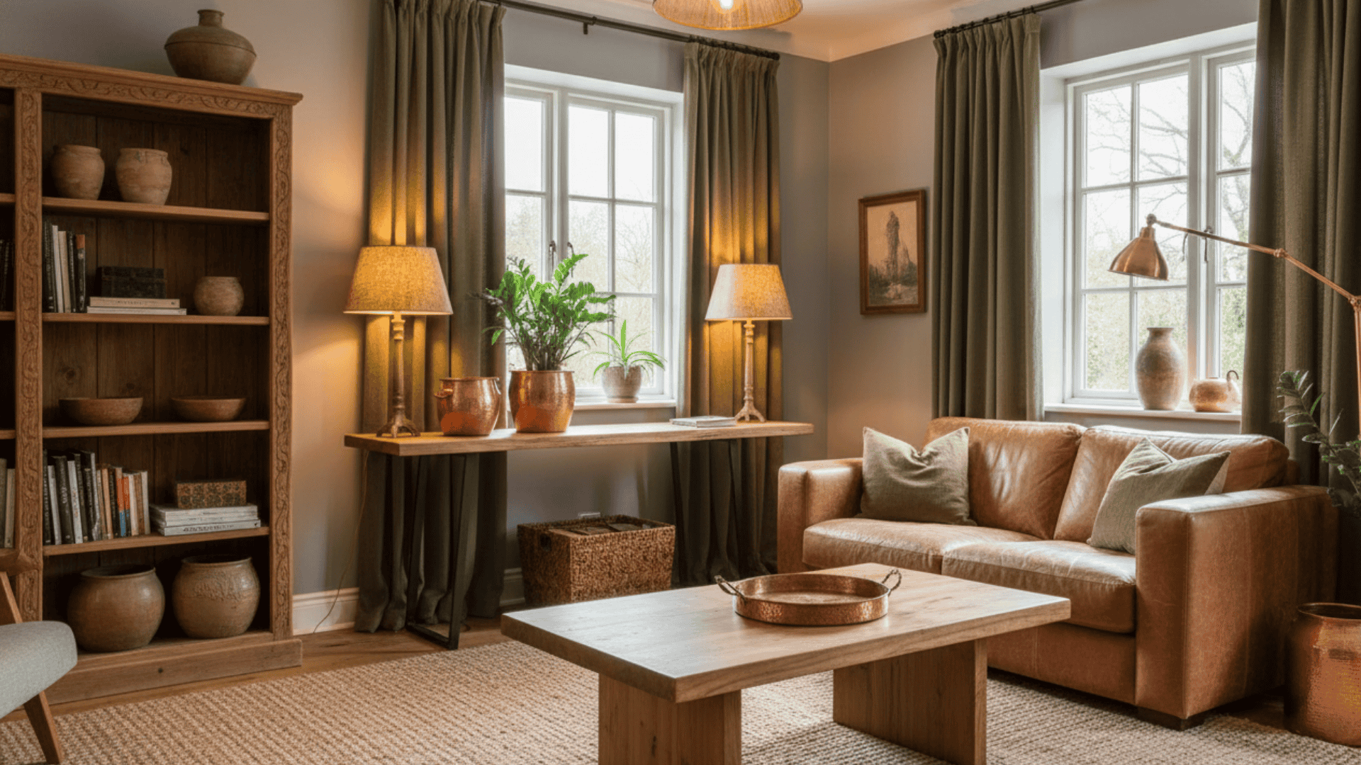 Rich olive green curtains in a rustic living room with leather furniture and warm accents.