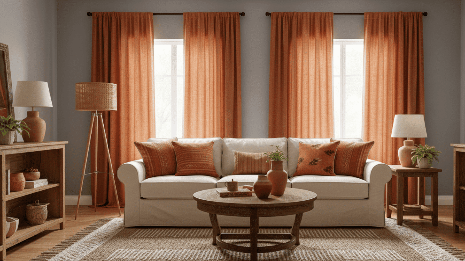 Rust-colored curtains in a living room with terracotta accents and natural fiber textures.