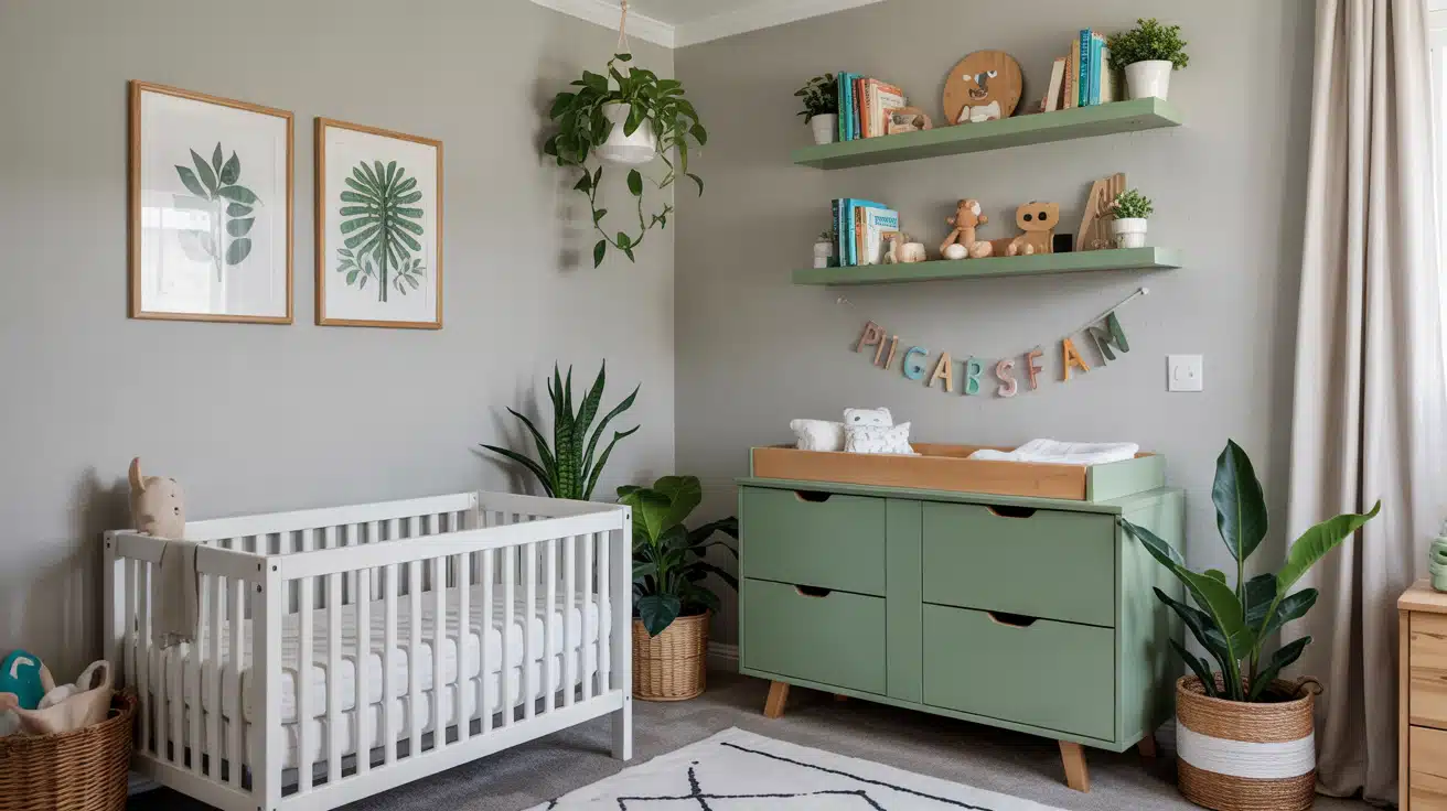Simple green floating shelves holding children’s books and small decorative items.