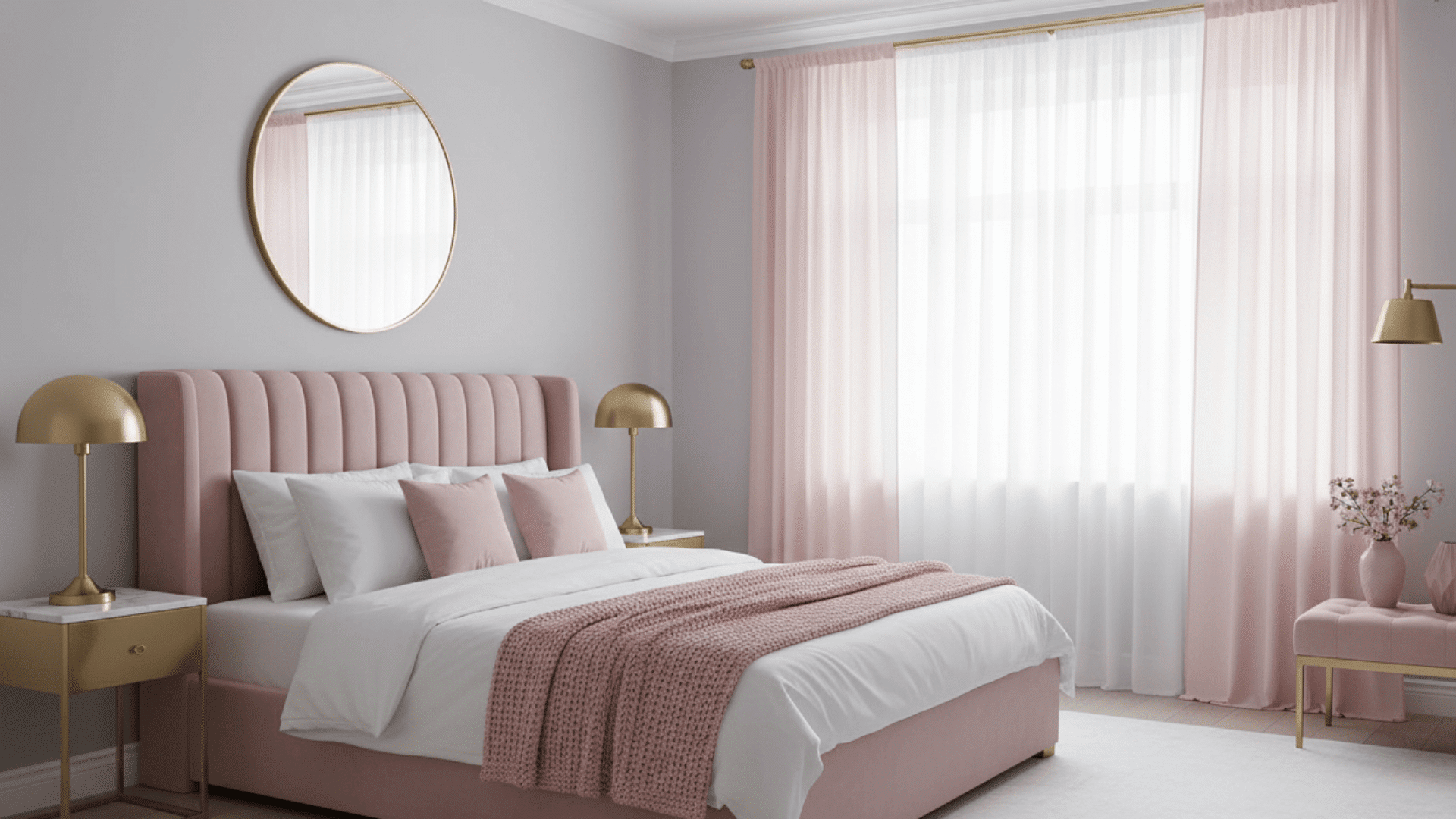 Soft blush pink curtains in a bright bedroom with gold accents and gray walls.