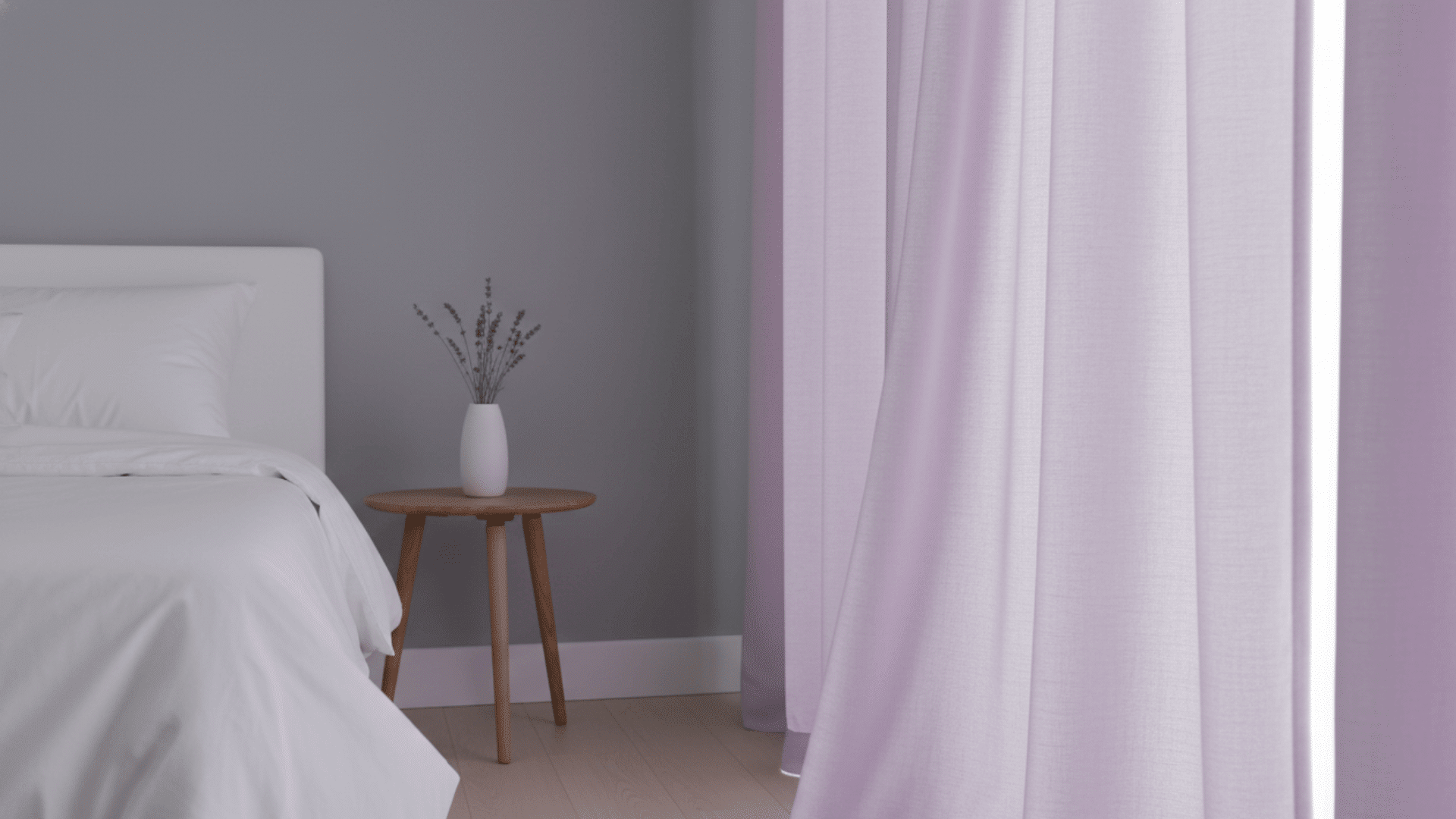 Soft lavender curtains in a tranquil bedroom, creating a calming and dreamy atmosphere.