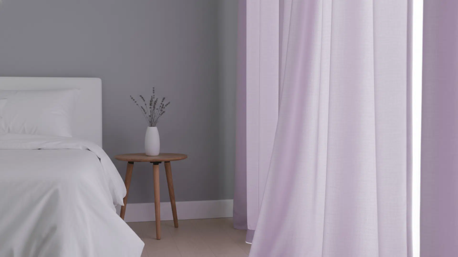 Soft lavender curtains in a tranquil bedroom, creating a calming and dreamy atmosphere.