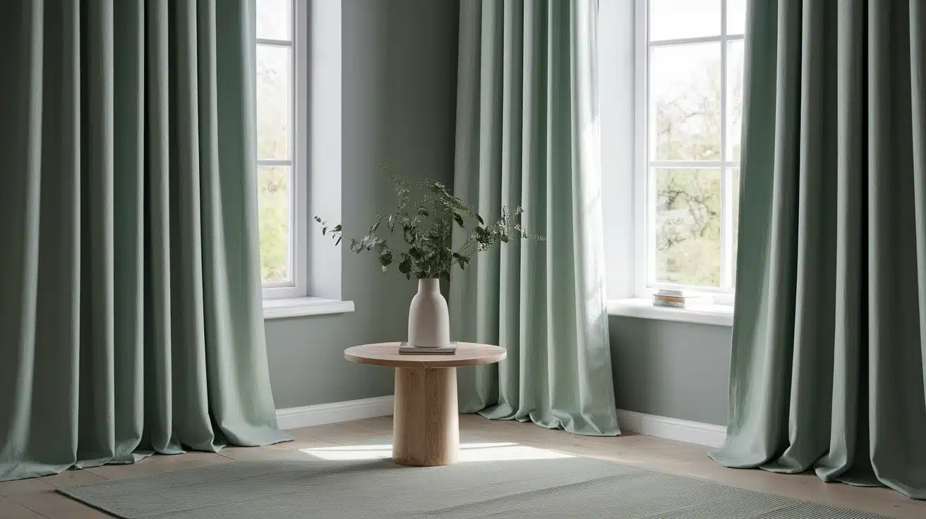 Soft sage-green curtains in a tranquil room, creating a natural, calming atmosphere.