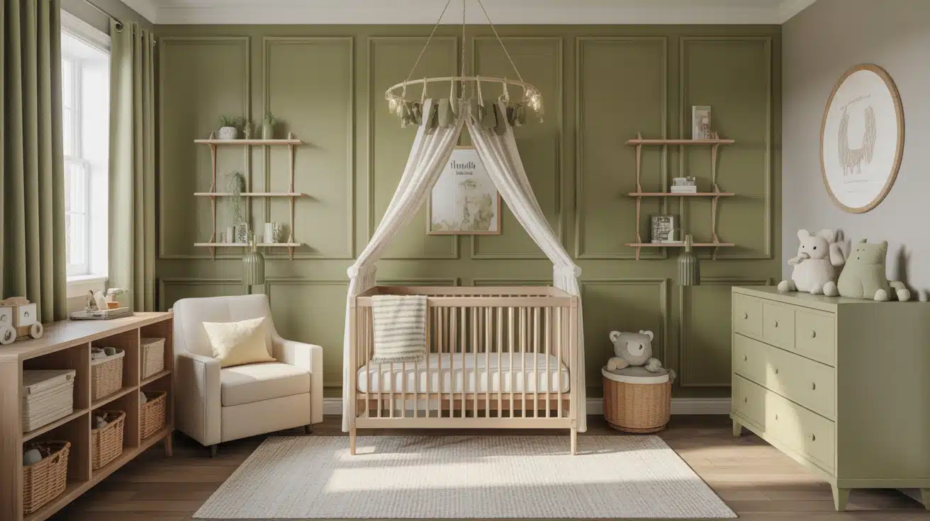 Traditional olive green wainscoting on the lower half of a nursery wall.
