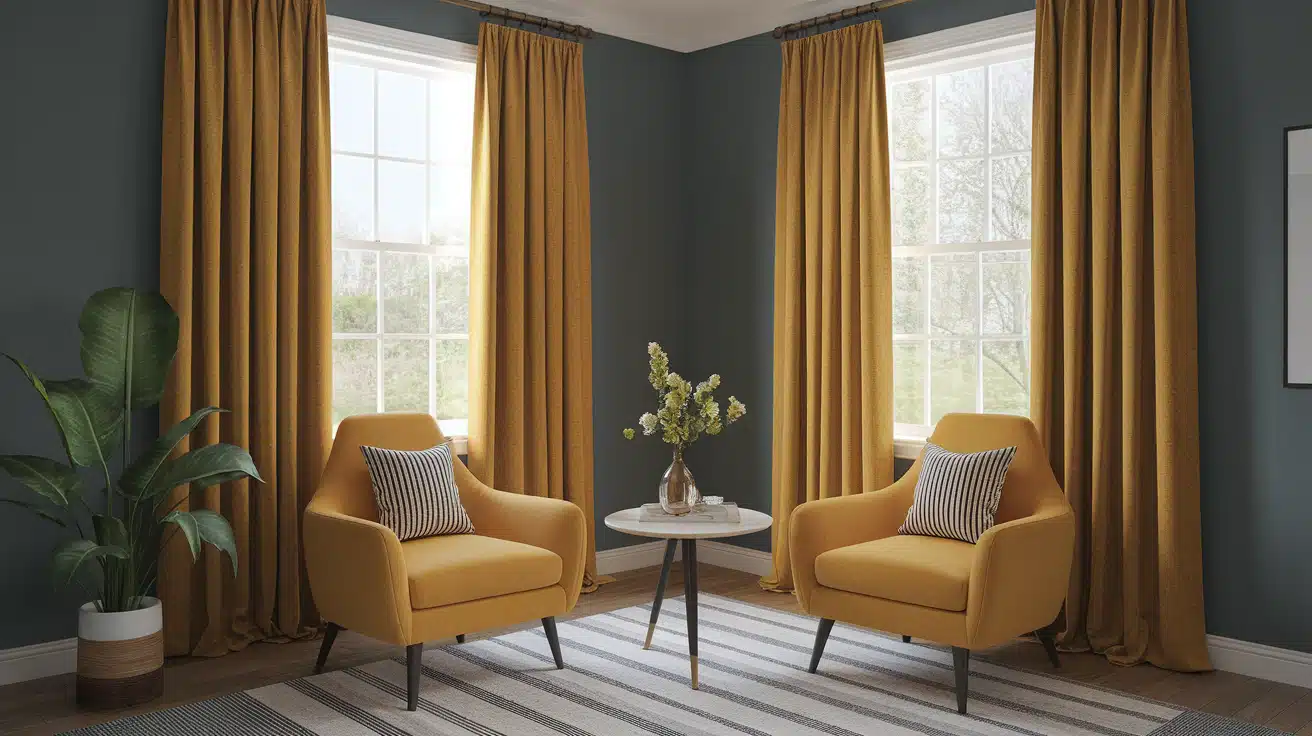 Vibrant mustard yellow curtains in a living room, creating a cheerful and energetic atmosphere.