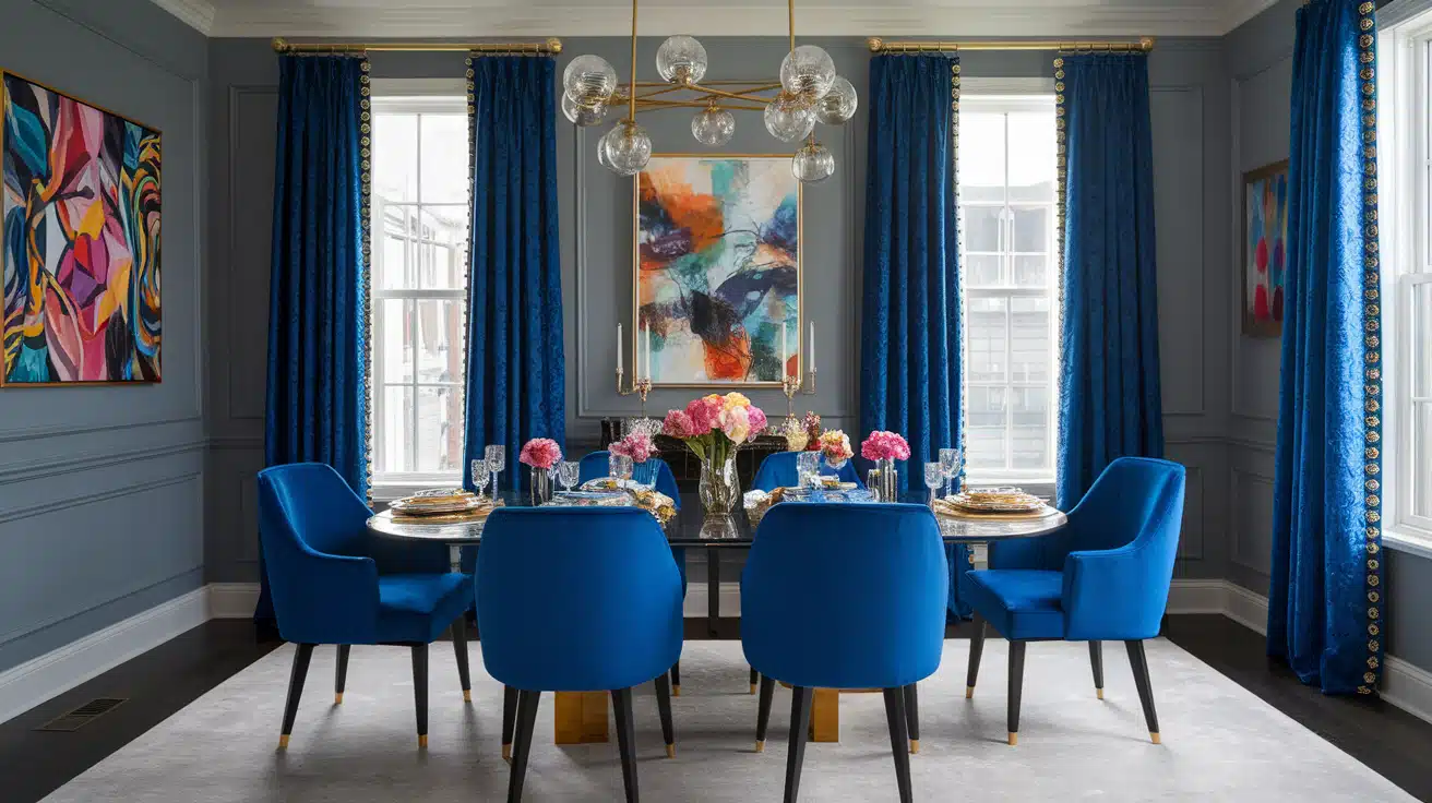 Vibrant royal blue curtains in a dining room, adding energy and a luxurious feel.