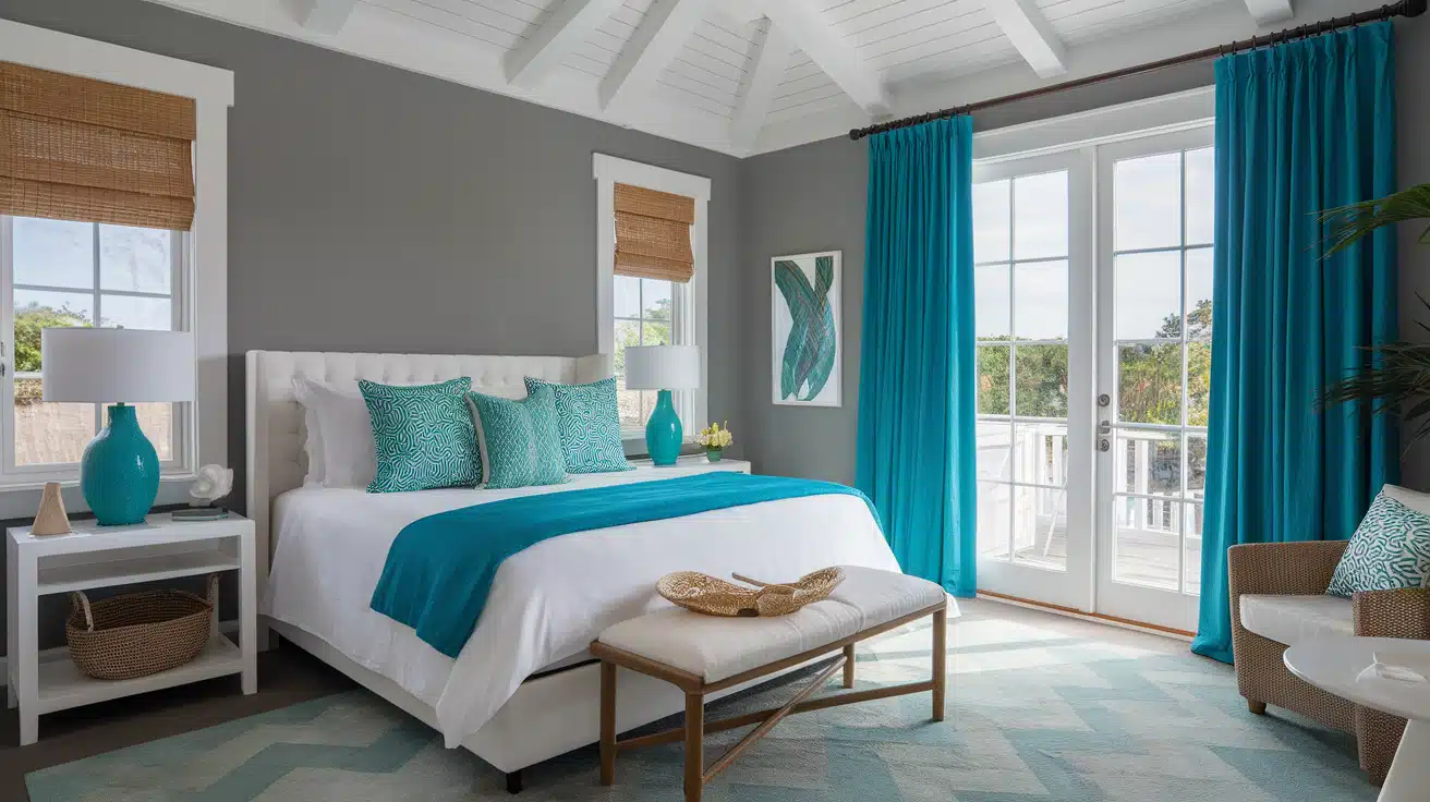 Vibrant teal curtains in a bright room, adding a fresh and energetic coastal feel.